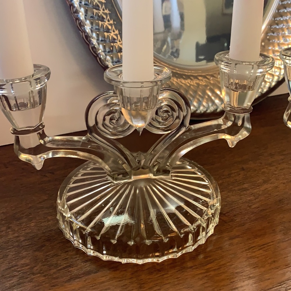 Pair of Vintage glass triple stem candle holder